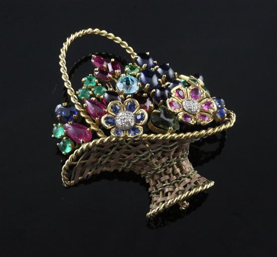 A 20th century gold and multi gem set brooch, modelled as a basket of flowers, 2.25in.